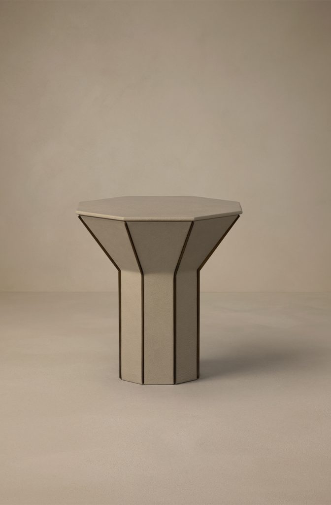 Articolo Studios Luxury Lighting Flare Tall Side Table in Titanium Leather and Bronze Fins