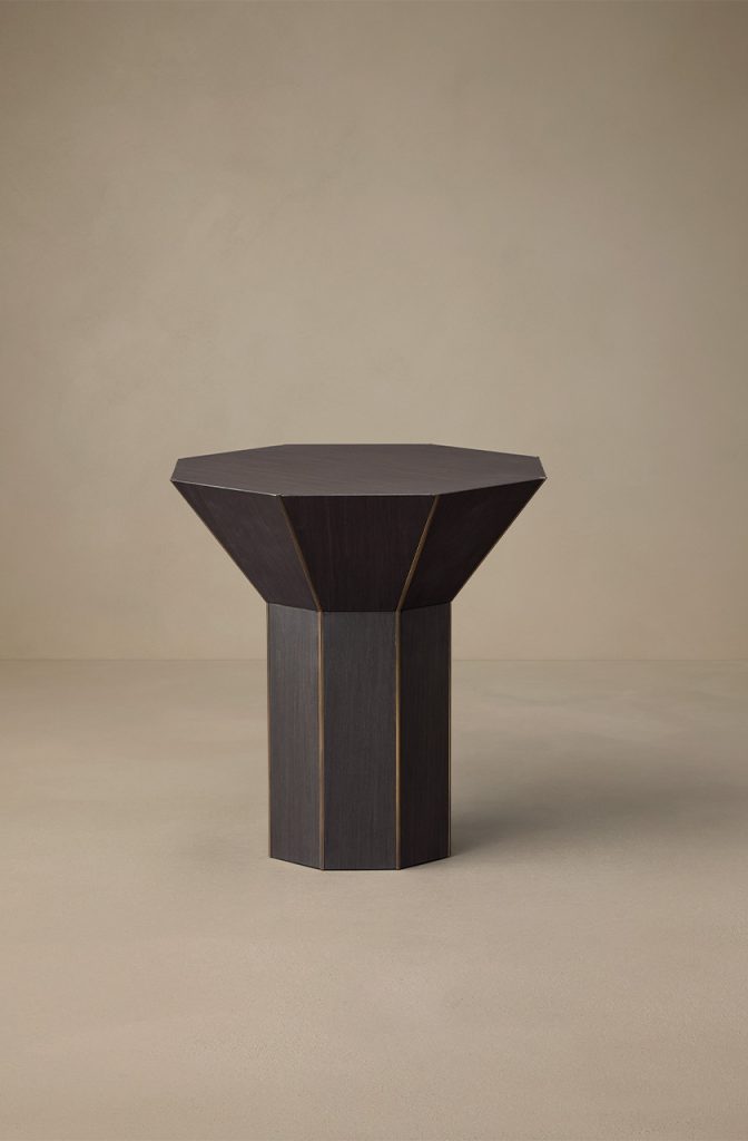 Articolo Studios luxury lighting. Flare tall side table in veneer with bronze fins