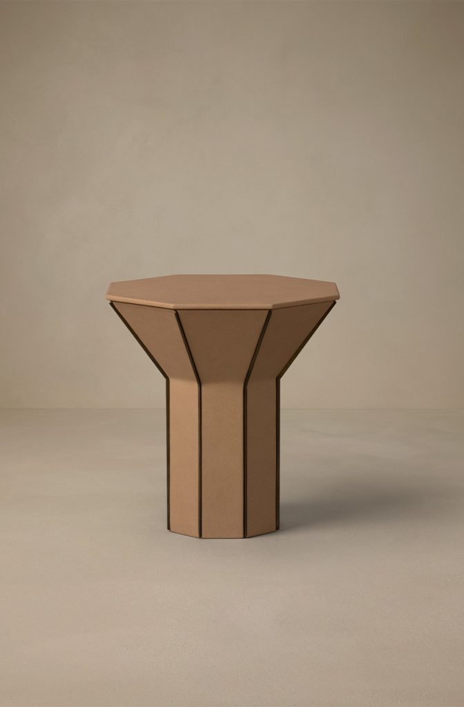 Articolo Studios luxury lighting. Flare tall side table in venetian linen leather