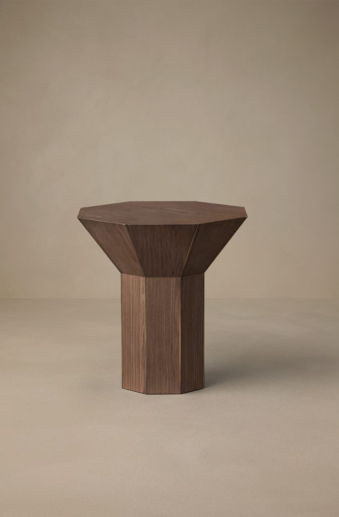 Articolo Studios Luxury Lighting Flare Side Table in Walnut Veneer with Bronze Fins