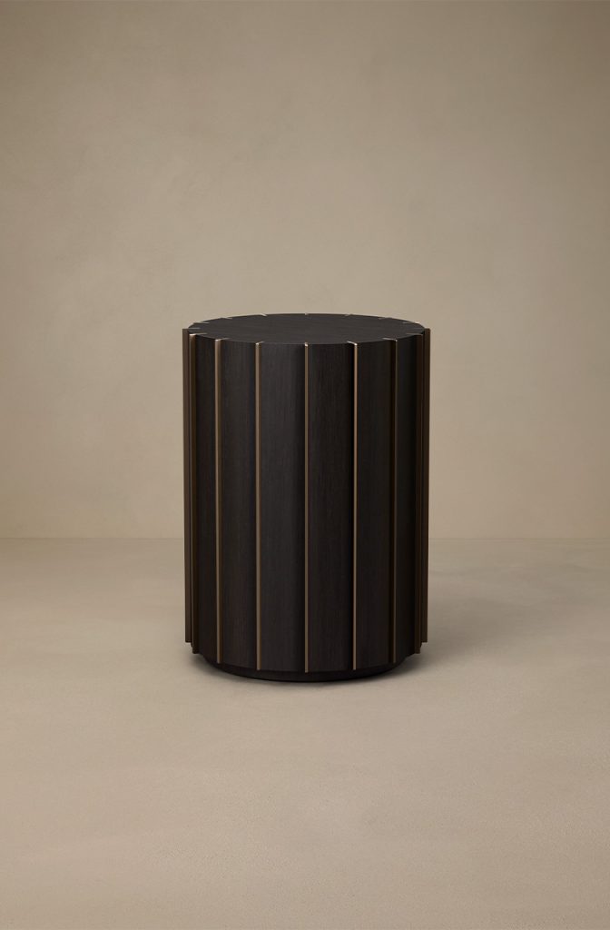 Articolo Studios luxury lighting. Fin tall side table in veneer with bronze fins