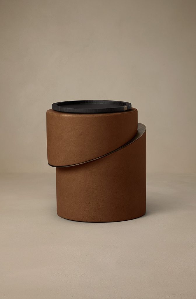 Articolo Studios luxury lighting. Slip Side table in driftwood leather with bronze veneer tray