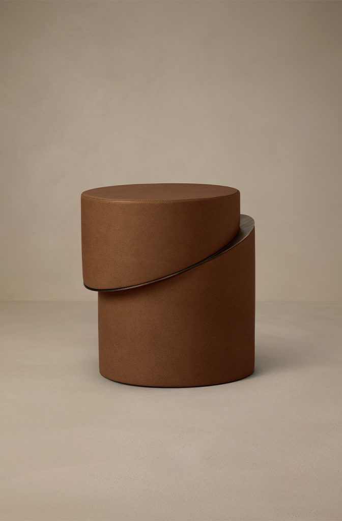 Articolo Studios Luxury Lighting Slip Side Table in Pecan Leather and bronze Detail