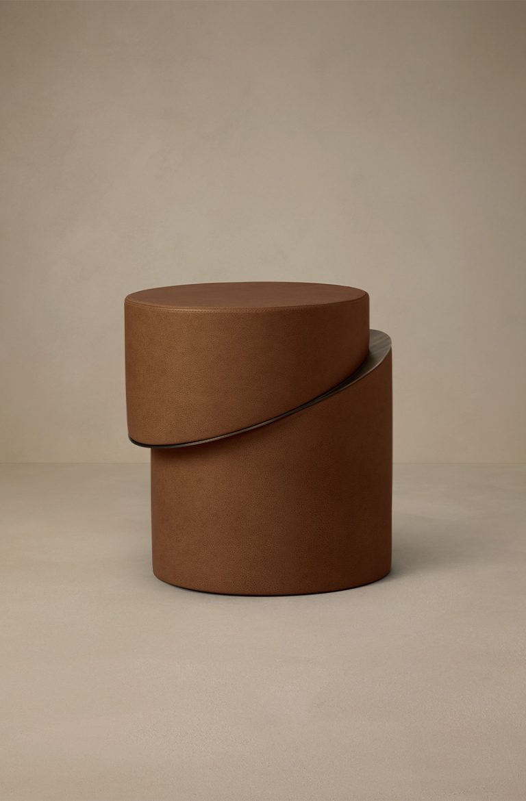 Articolo Studios Luxury Lighting Slip Side Table in Pecan Leather and bronze Detail