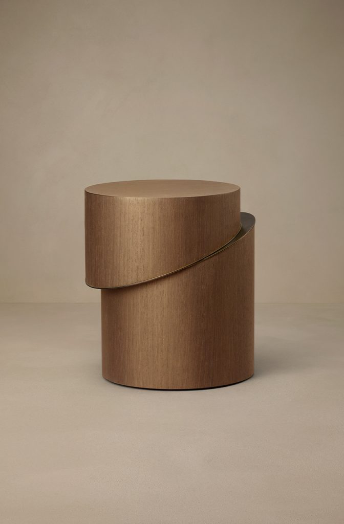 Articolo Studios Luxury Furniture Slip Stool in Walnut Veneer and Bronze Detail
