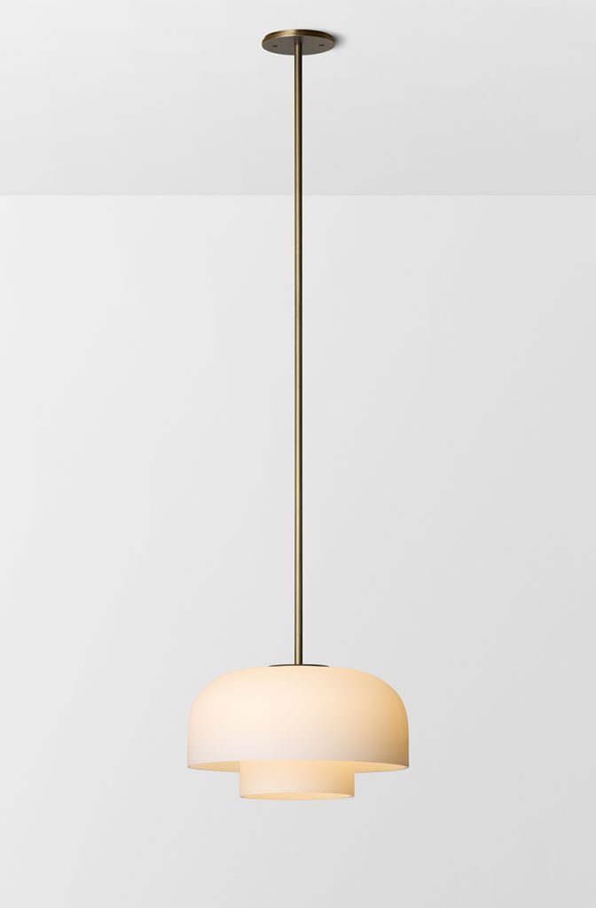 Articolo Studios Luxury Lighting Rolo Large Double Down Single Pendant in Bronze with Snow Shade