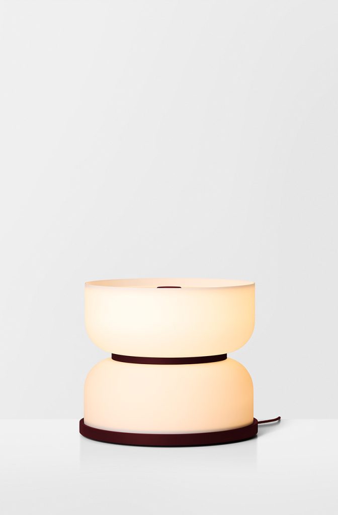 Articolo Studios Luxury Lighting Rolo Large Table Lamp in Burgundy Powder Coat and Snow Shade