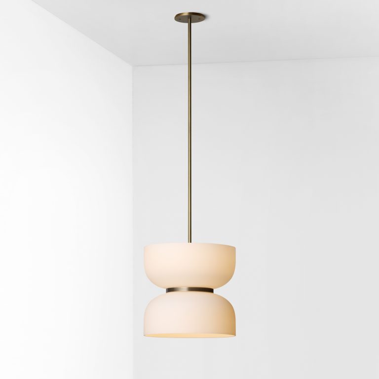 Articolo Studios Luxury Lighting Rolo Large Up Down Pendant in Mid Bronze and Snow Glass Shade