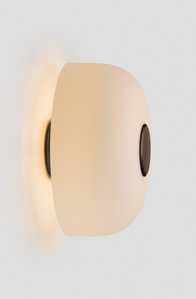 Articolo Studios Luxury Lighting Exterior Rolo Forward Facing Wall Sconce in Anodised Bronze with Snow Shade