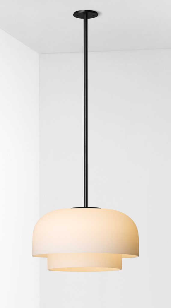 Articolo Studios Luxury Lighting Roll Extra Large Double Down Pendant in Electroplate Black and Snow Glass Shade