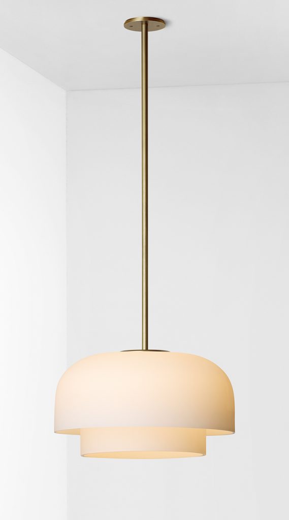 Articolo Studios Luxury Lighting Rolo Extra Large Double Down Pendant in Brass and Snow Glass Shade