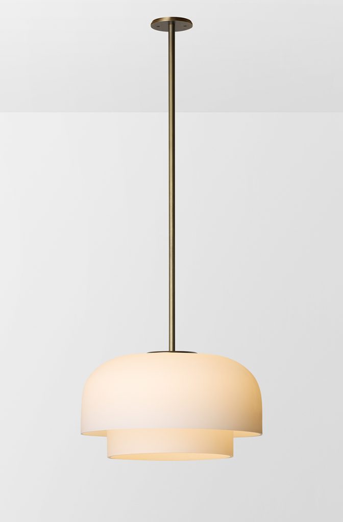 Articolo Studios Luxury Lighting Rolo Extra Large Double Down Pendant in Bronze with Snow Shade