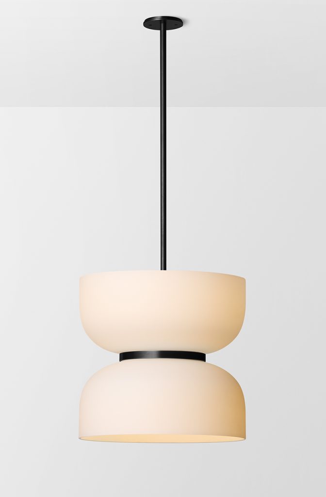 Articolo Studios Luxury Lighting Rolo Extra Large Up Down Pendant in Black Electroplate and Snow Shade