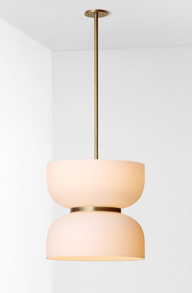 Articolo Studios luxury lighting. Rolo Extra Large Up Down Pendant in Brass and Snow Shade