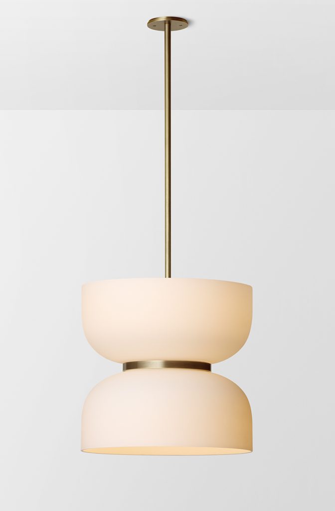Articolo Studios Luxury Lighting rolo Extra Large Up Down Pendant in Brass and Snow