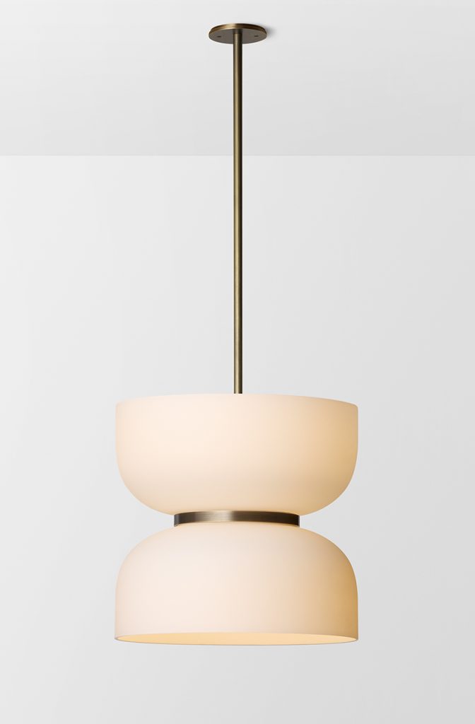 Articolo Studios Luxury Lighting Rolo Extra Large Up Down Pendant in Brass and SNow Shade
