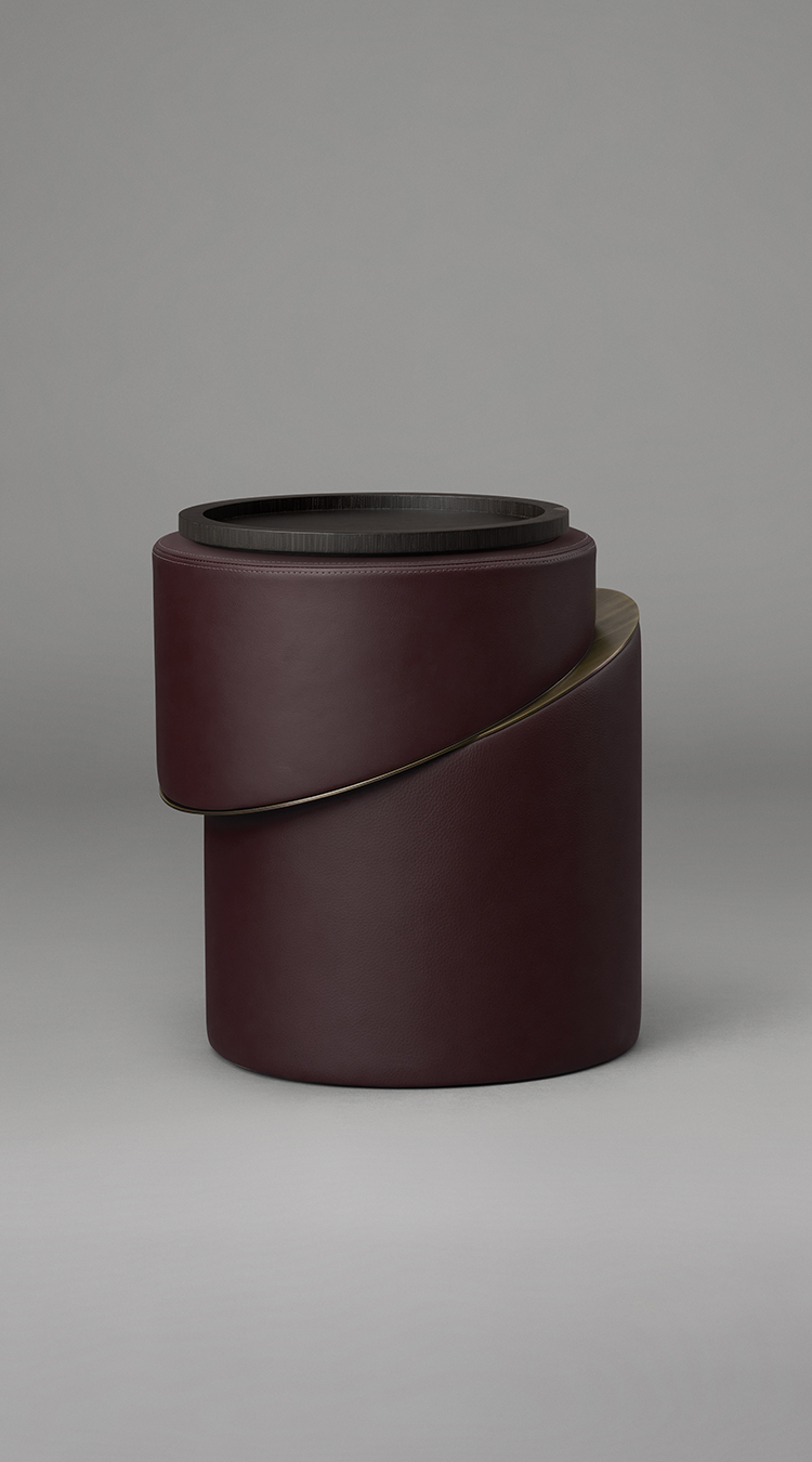 Articolo Studios Luxury Furniture Slip Side Table in Burgundy Leather and Bronze with Tray