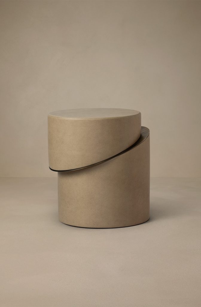 Articolo Studios luxury lighting. Slip Side table in cascade leather with bronze details