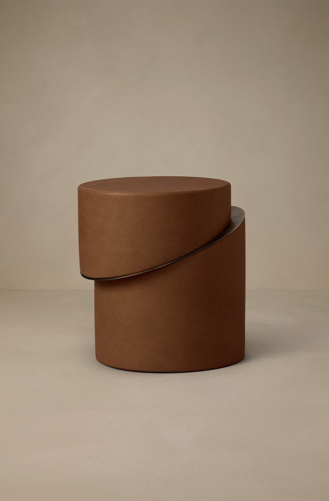 Articolo Studios luxury lighting. Slip Side table in driftwood leather with bronze details