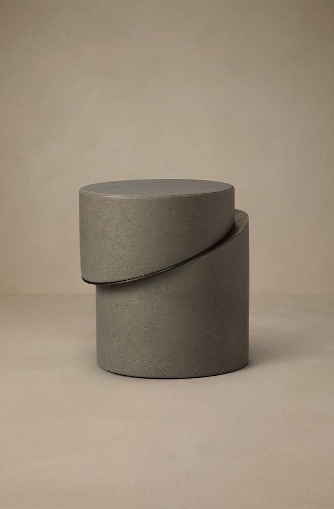 Articolo Studios luxury lighting. Slip Side table in storm leather with bronze details
