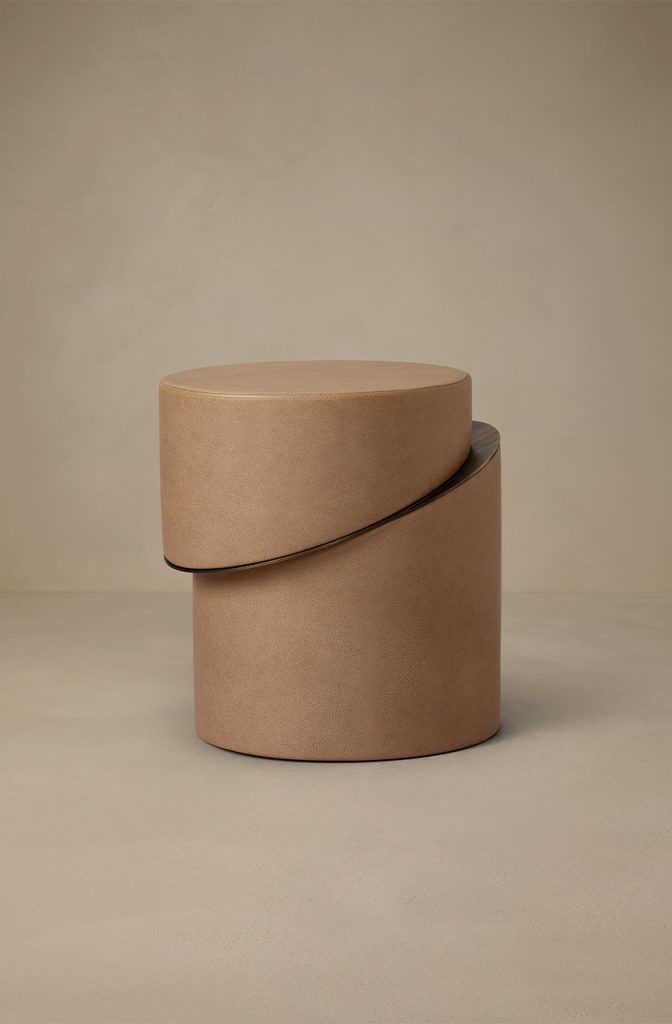 Articolo Studios luxury lighting. Slip Side table in venetian linen leather with bronze details