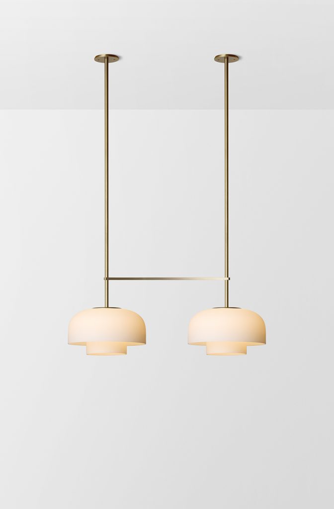 Articolo Studios Luxury Lighting Rolo Large Double Down Double Pendant in Brass and Snow Shade