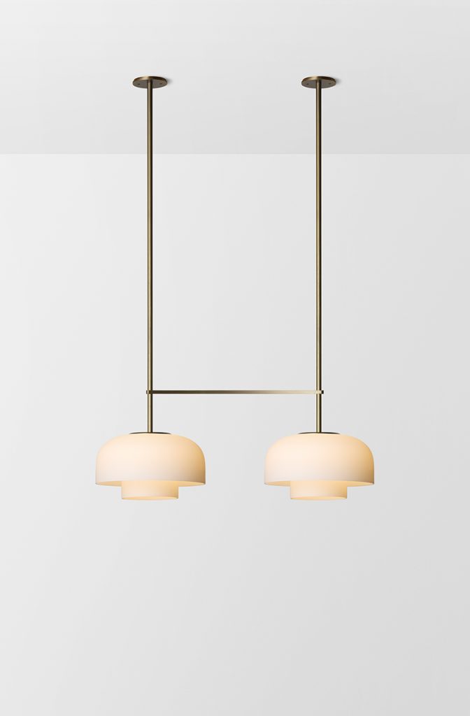 Articolo Studios Luxury Lighting rolo Large Double Down Double Pendant in Bronze with Snow Shade
