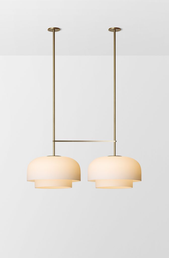 Articolo Studios Luxury Lighting Rolo Extra large Double Down Double Pendant in Brass with Snow Shade