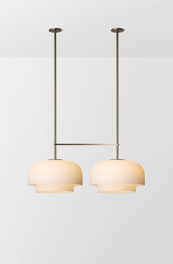 Articolo Studios Luxury Lighting Rolo Extra Large Double Down Down Double Pendant in Bronze and Snow Shade