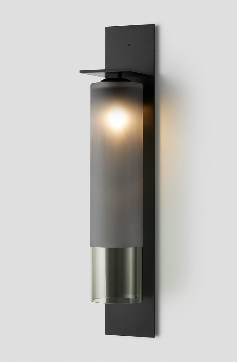 Articolo Studios Luxury Lighting Eclipse Tall Wall Sconce in Anodised Black and Grey Frost Shade