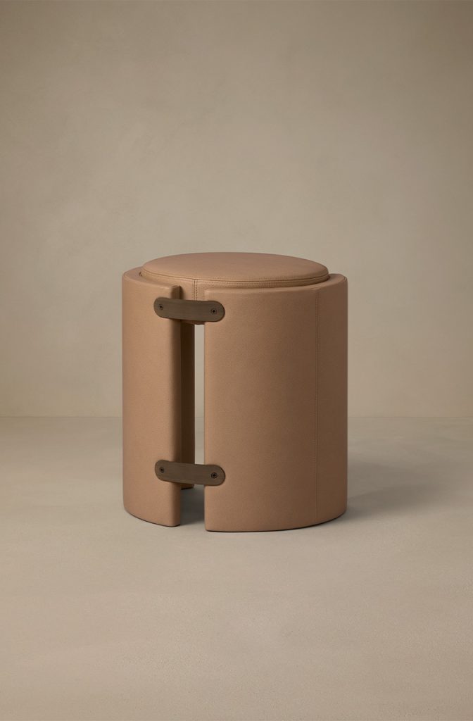 Articolo Studios Luxury Furniture Cuff Stool in Nougat Leather and Bronze Detail