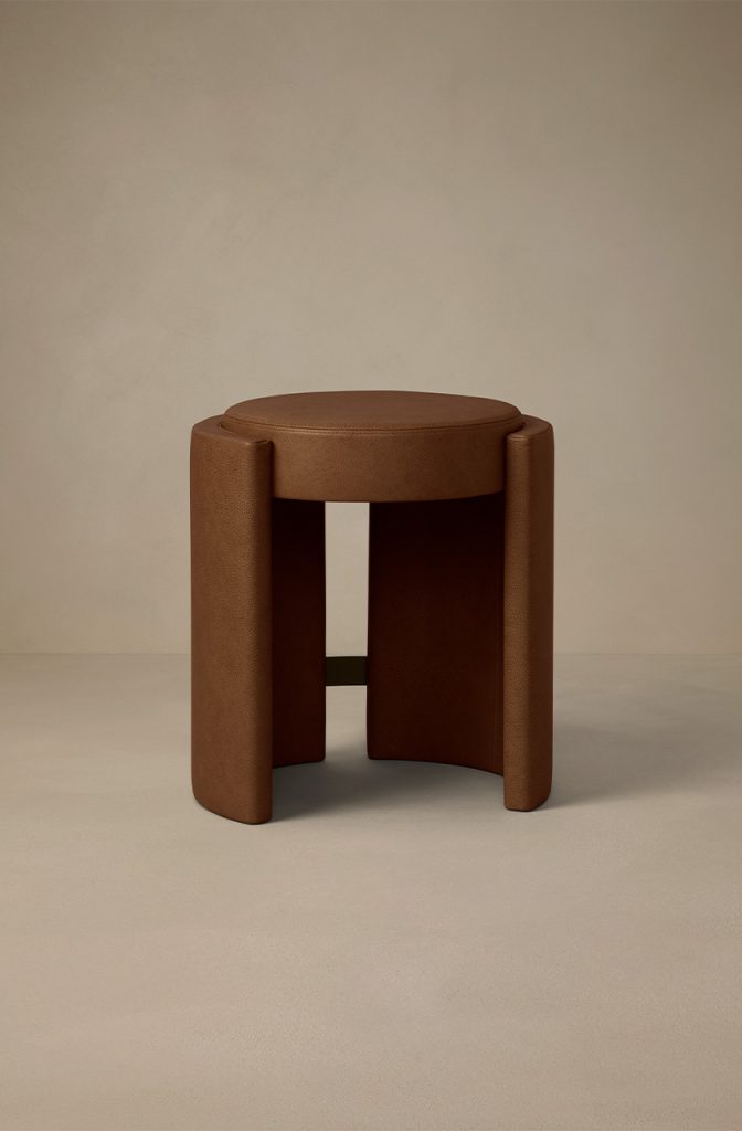 Articolo Studios Luxury Furniture Cuff Stool in Pecan Leather with bronze Detail