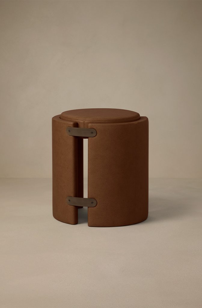 Articolo Studios Luxury Furniture Cuff Stool in Pecan Leather with Bronze Detail