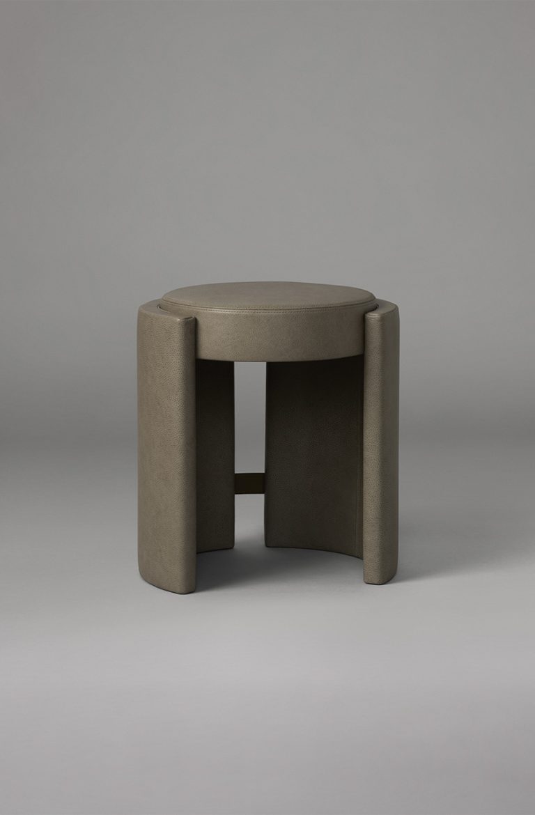 Articolo Studios Luxury Fuirniture Cuff Stool in Storm Leather and Bronze Detail