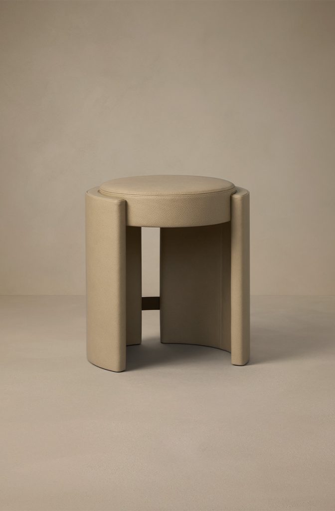 Articolo Studios Luxury Furniture Cuff Stool in Titanium Leather and Bronze Detail