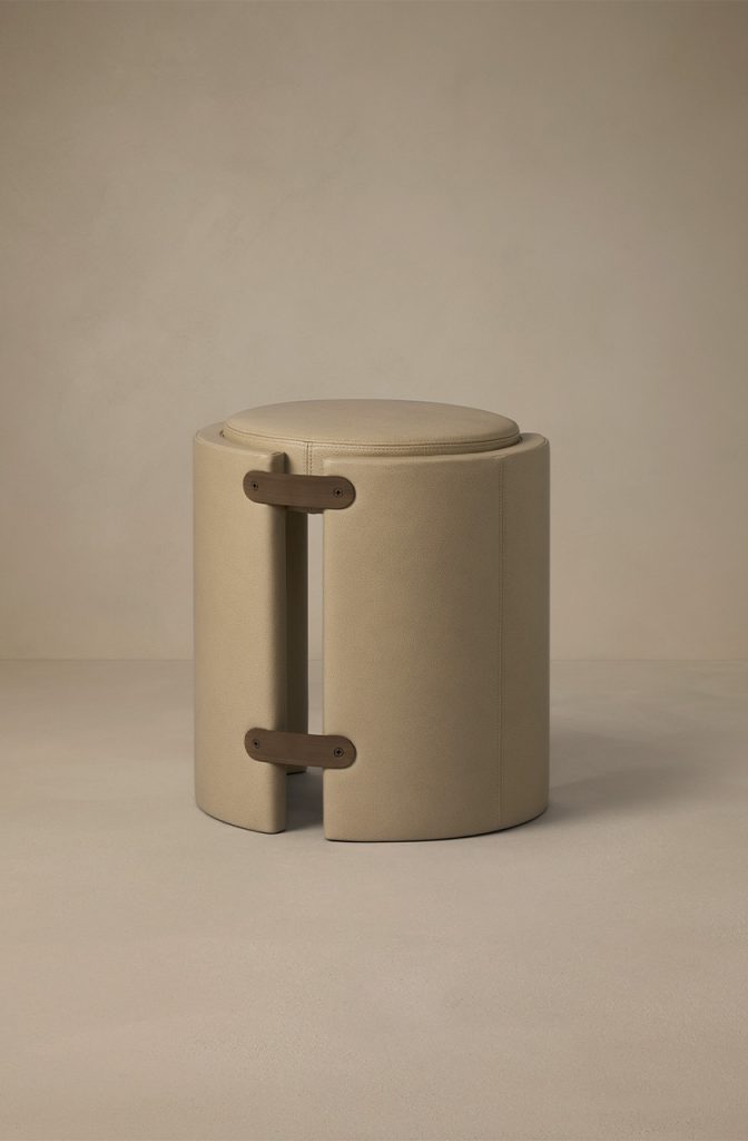 Articolo Studios Luxury Lighting Cuff Stool in Titanium Leather and Bronze Detail