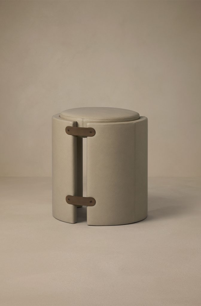 Articolo Studios Luxury Furniture Cuff Stool in Titanium Leather with Bronze Detail