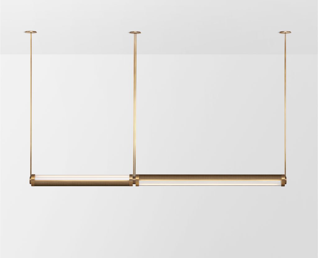 Articolo Studios Luxury Lighting Swivel Large and Medium Double Pendant in Brass and brass Mesh Inlay