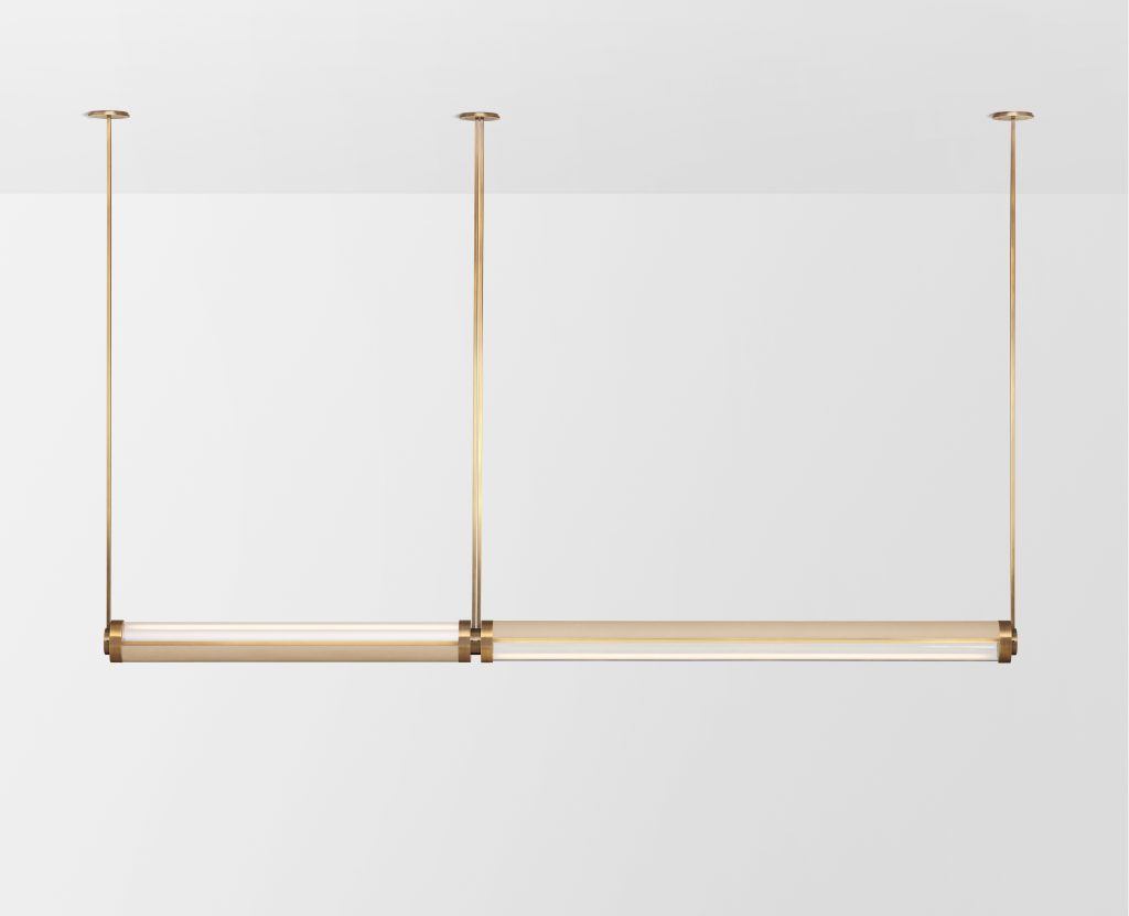 Articolo Studios Luxury Lighting Swivel Large and Extra Large Double Pendant in Brass with Cafe Havana Leather Inlay