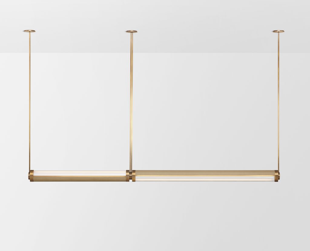 Articolo Studios Luxury Lighting Swivel large and extra Large Double Pendant in Brass and Cascade Leather Inlay