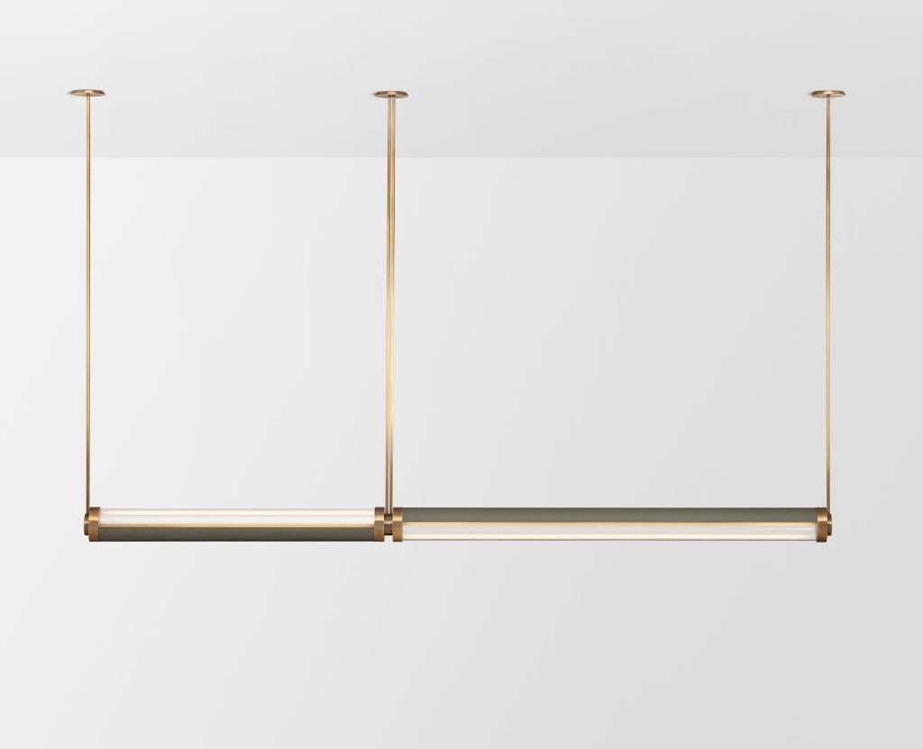 Articolo Studios Luxury Lighting Swivel Large and Extra Large Double Pendant in Brass and Storm Leather Inlay