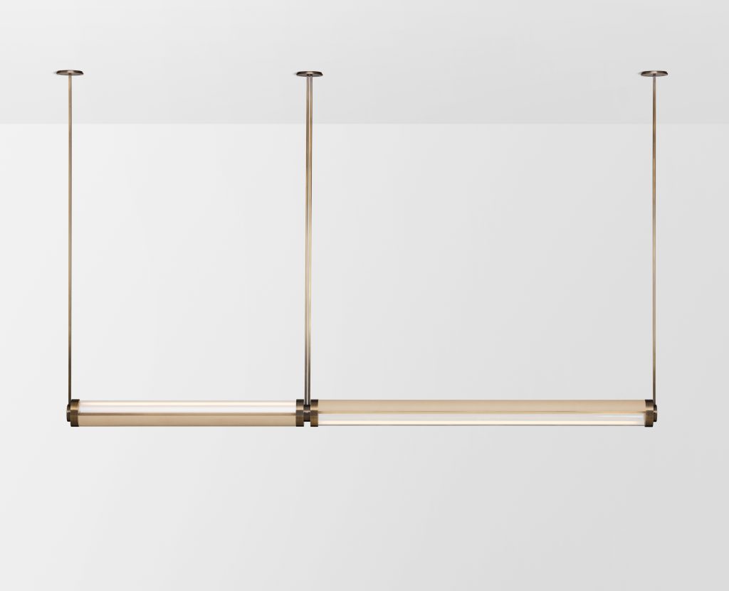 Articolo Studios Luxury Lighting Swivel Large and Extra Large Double Pendant in Bronze with Cafe Havana Leather Inlay