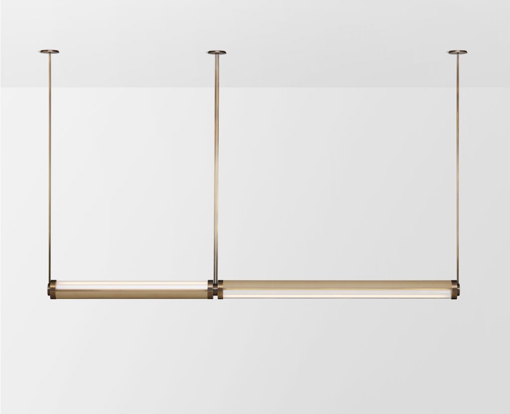 Articolo Studios Luxury Lighting Swivel Large and Extra Large DOuble Pendant in Brass with Cascade Leather Inlay