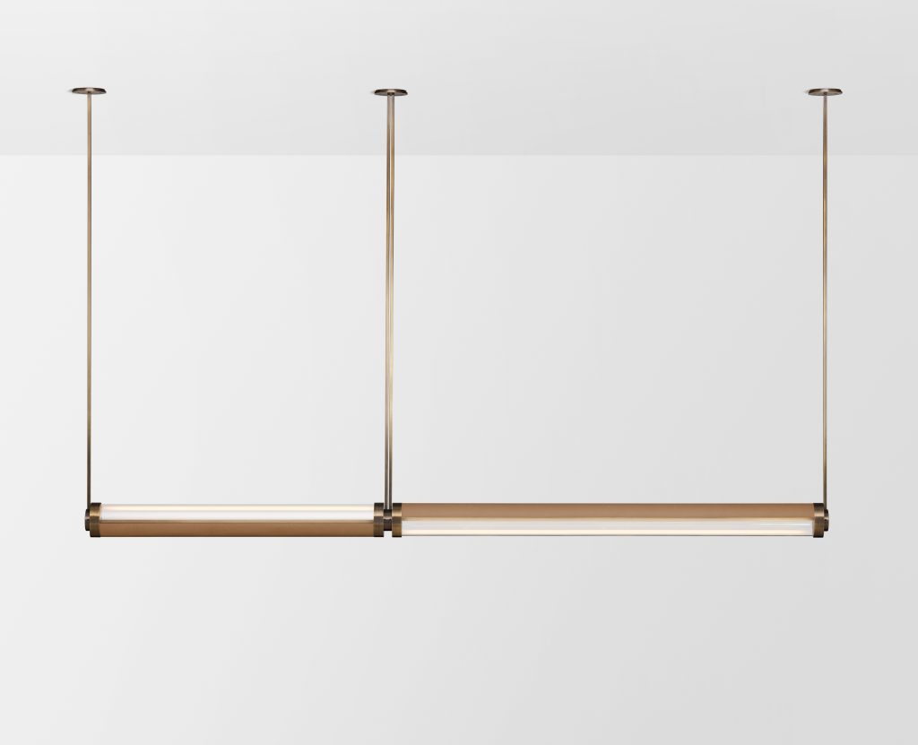 Articolo Studios Luxury Lighting Swivel Large and Extra Large Double Pendant in Bronze with Driftwood Leather Inlay