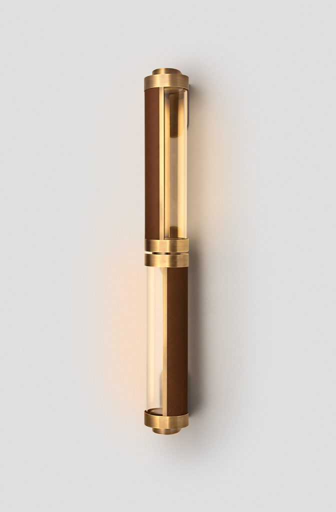 Articolo Studios Luxury Lighting Swivel Double Wall Sconce in Brass with Pecan Leather Inlay