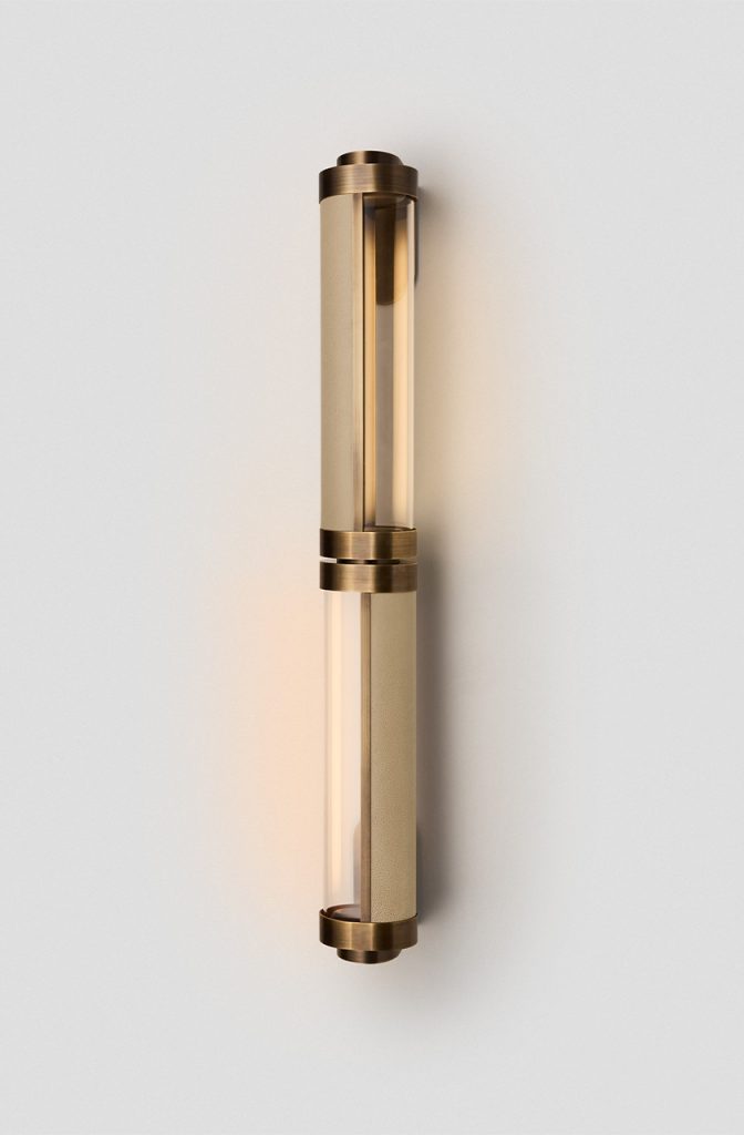 Articolo Studios Luxury Lighting. Swivel small double wall sconce in bronze and with cascade leather inlay