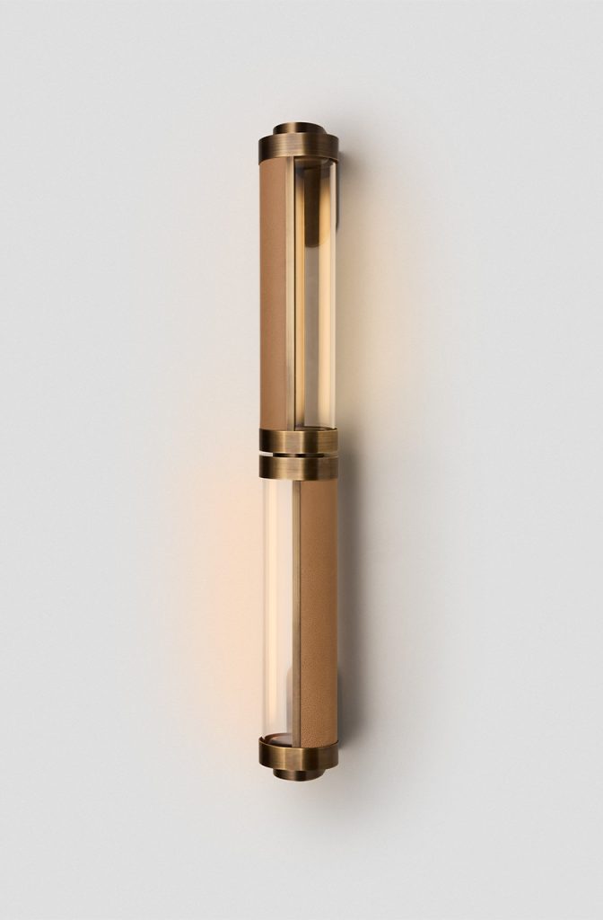 Articolo Studios Luxury Lighting. Swivel small double wall sconce in bronze and with driftwood leather inlay