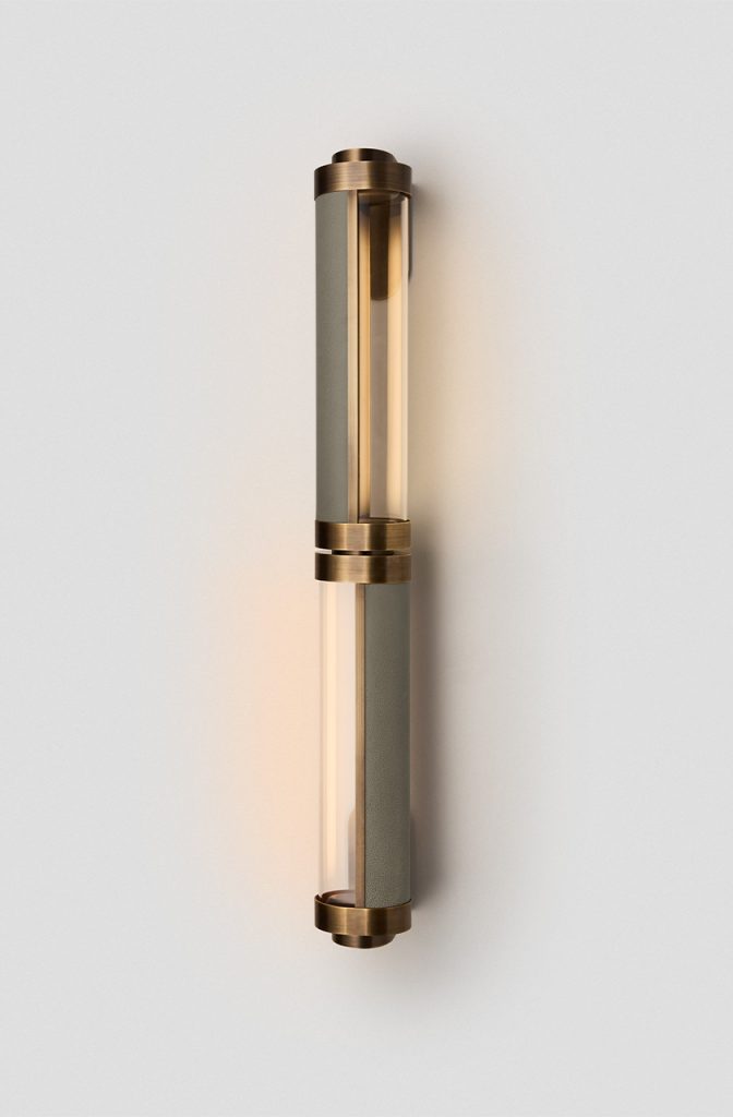 Articolo Studios Luxury Lighting. Swivel small double wall sconce in bronze and with storm leather inlay