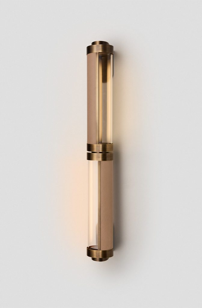 Articolo Studios Luxury Lighting. Swivel small double wall sconce in bronze and with venetian linen leather inlay