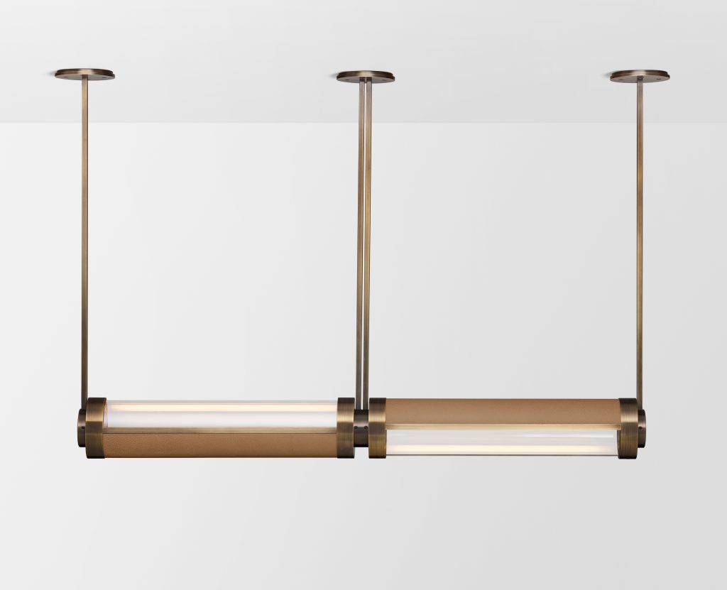Articolo Studios Luxury Lighting Swivel Double Pendant in Bronze with Nougat Leather Inlay